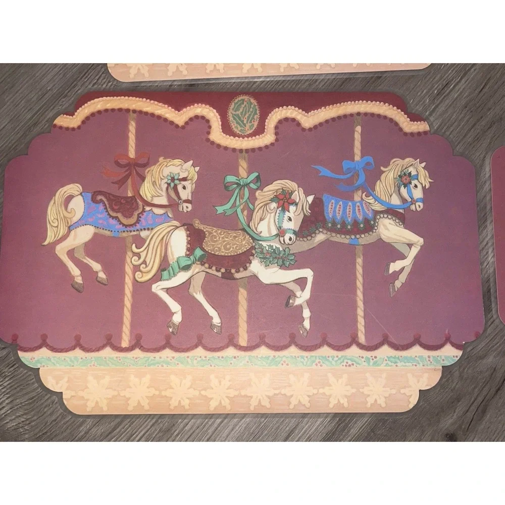 Vintage Reversible Set Of 4 Placemats W/ Carousel Horse Vinyl Made In‎ The USA